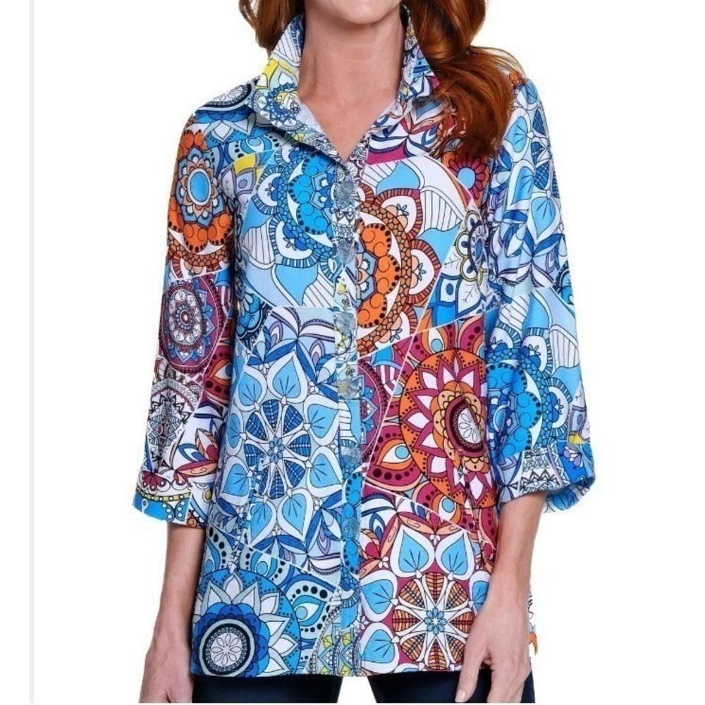 Ali Miles 2X Medallion Printed Knit Button Front Tunic Blue Brown NWT‎